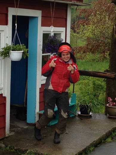 Marg dressed for chain-sawing 