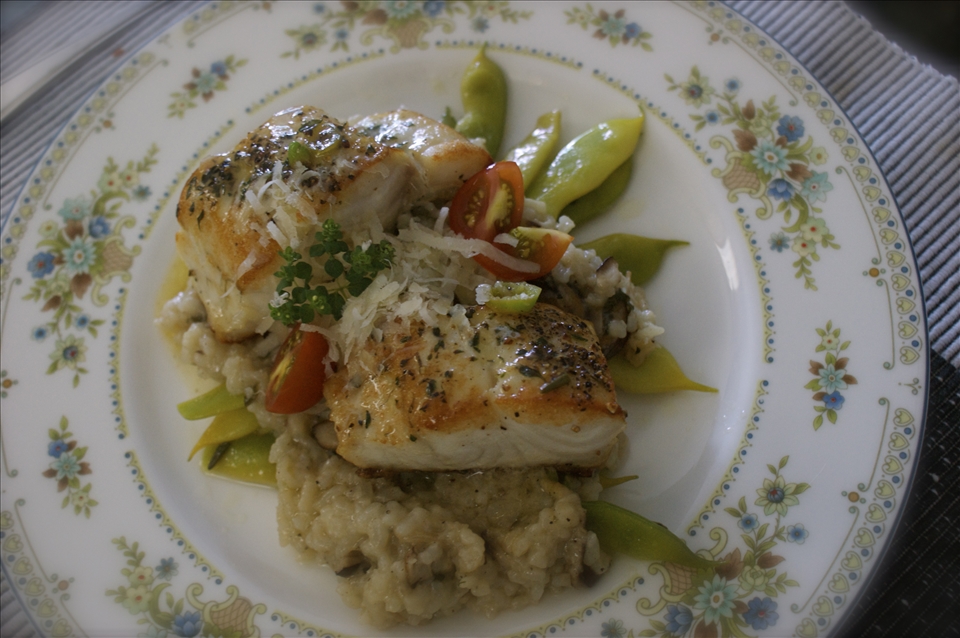 Herb Encrusted Sea Bass on Wild Mushroom Risotto