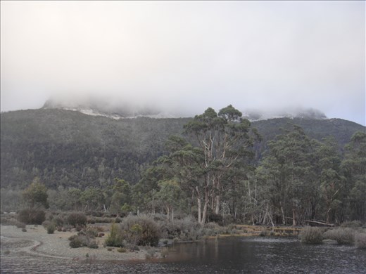 Snow topped Mt. Olympus at Lake St-Clair (deepest lake Down Under at 175m)