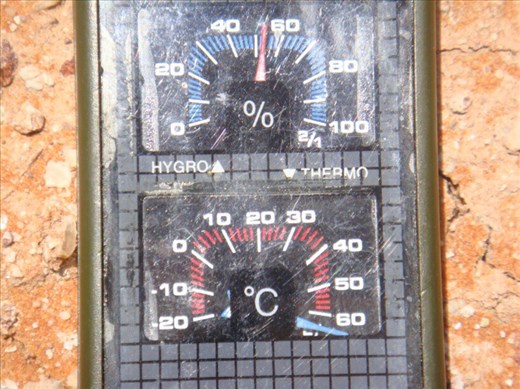 The thermometer couldn't go further than 65°C = ground temp., air temp. = 52.5°C, inside car temp. with aircon full blast = 47°C, Strzelecki Desert, SA