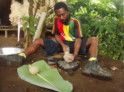 Grinding kava the traditional way, Lombaha, Ambae.