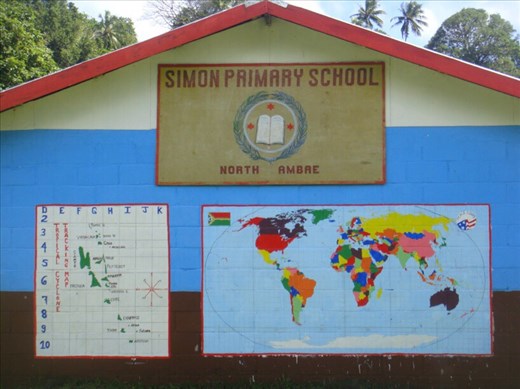 World- and cyclone tracking map, primary school, Lombaha, Ambae.