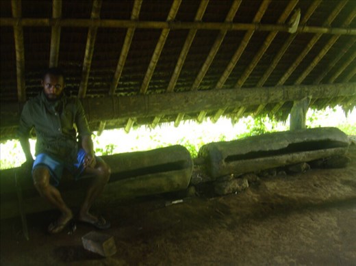 Luke sitting on tamtams, Lombaha, Ambae.