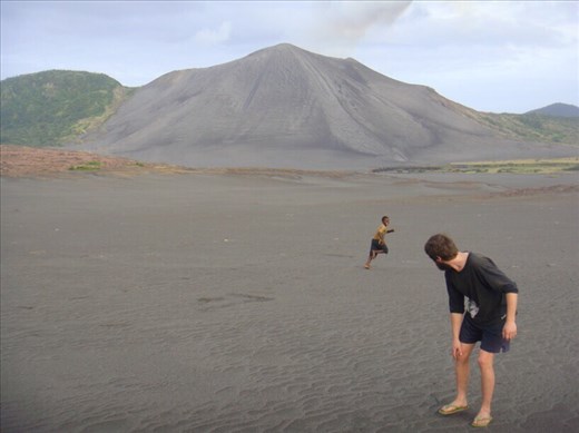 Antoine fooling around on the ash plains of Mt. Yasur, Tanna.