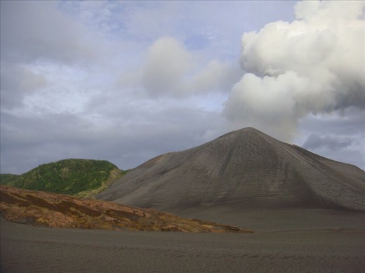Green, black and red, the national colours of Vanuatu, Mt. Yasur, Tanna.