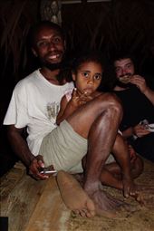 Luke with his daughter Brunja (my nephew) and me munching chicken, Lombaha, Ambae.: by thomasz, Views[194]