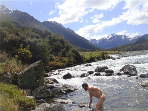 Having a wash in a glacier fed river, f...ing cold, Caples - Greenstone track