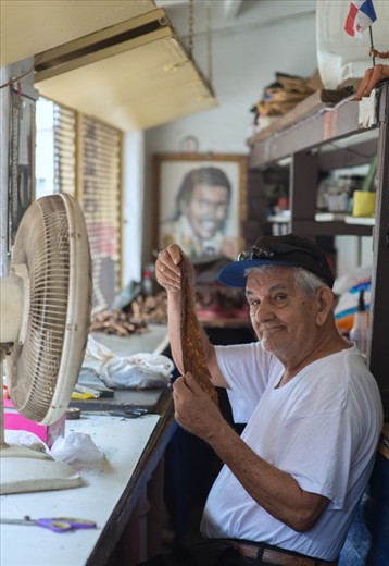Smiling, he raises a cigarro leaf wrapper and continues working.