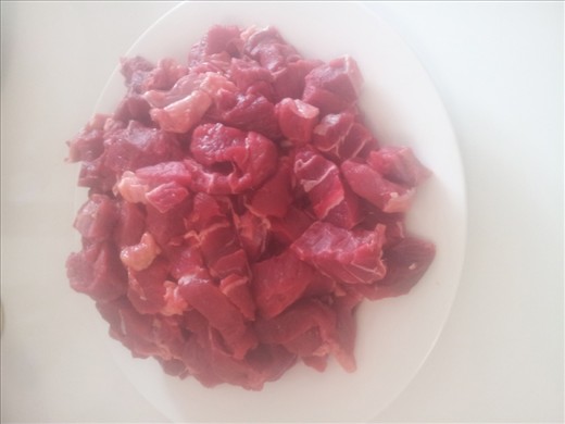 Cut gravy beef into thin (approx 1cm) slices.
