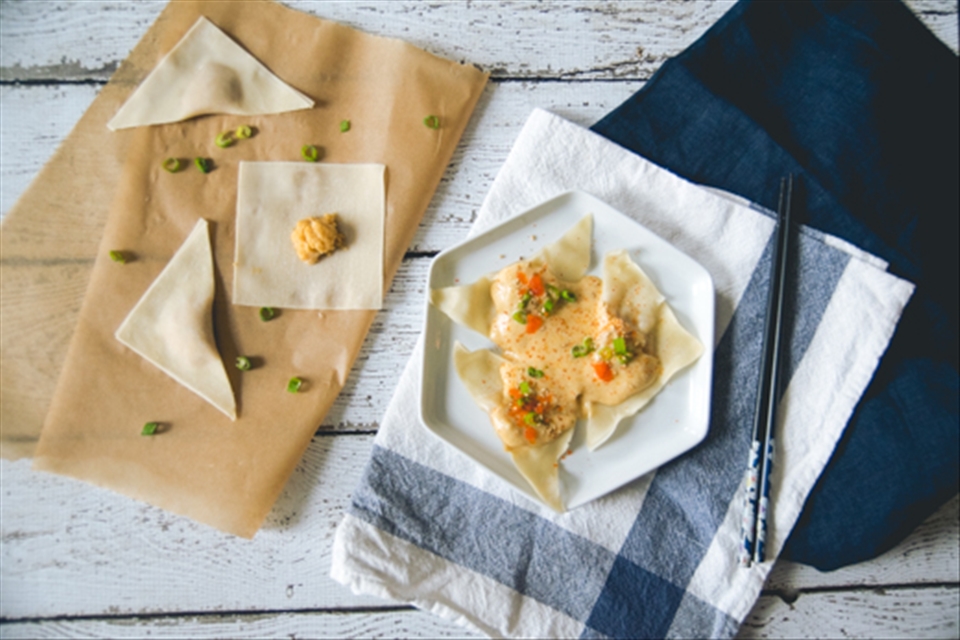 Shrimp Wontons with Creamy Tom Yum Coconut Sauce