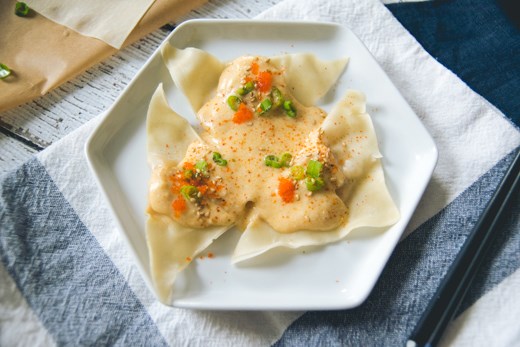 Shrimp Wontons with Creamy Tom Yum Coconut Sauce