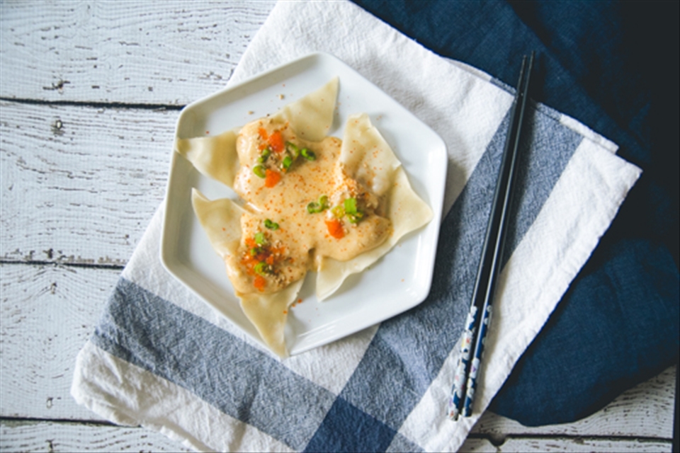 Shrimp Wontons with Creamy Tom Yum Coconut Sauce