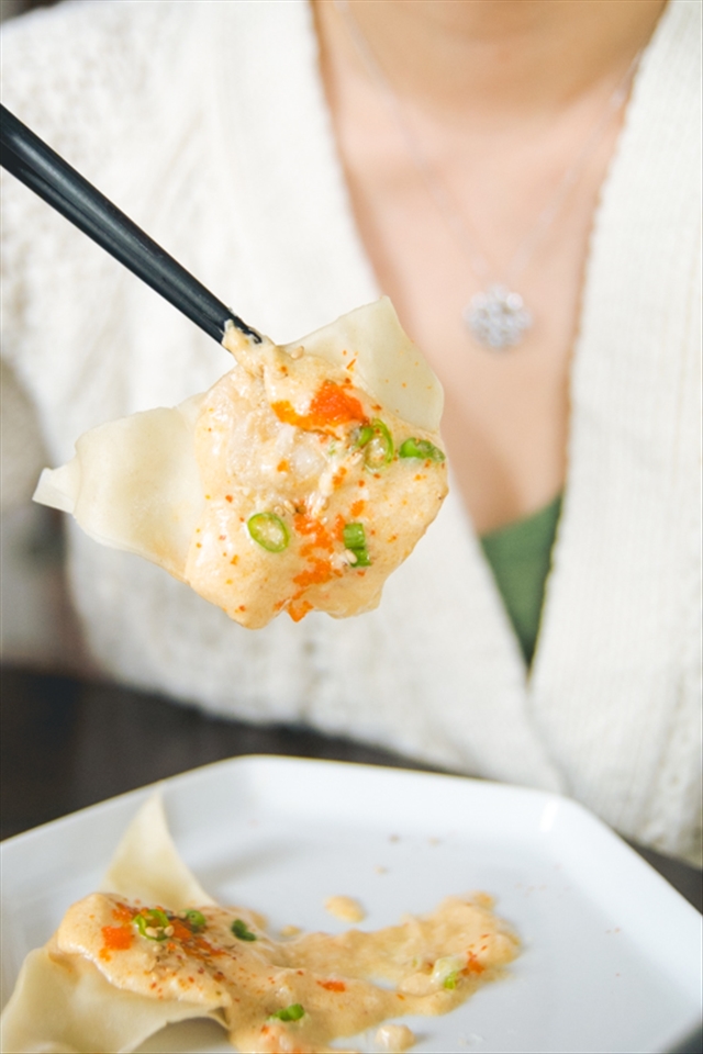 Shrimp Wontons with Creamy Tom Yum Coconut Sauce