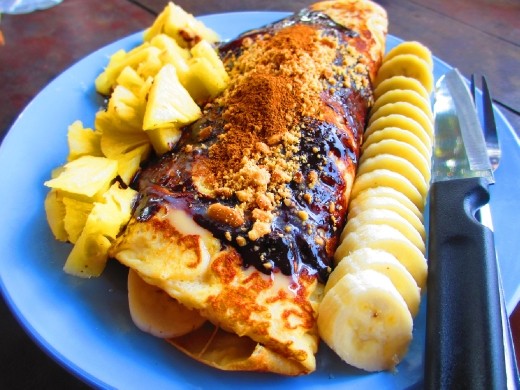 Banana-pineapple-pancake with chocolate, cinnamon, condenced milk and honey. Get's u high for hours.