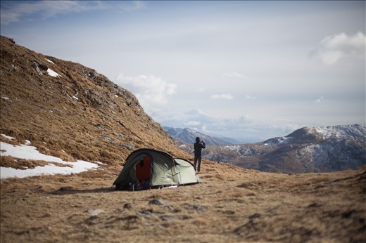 Pitched for night number one. 700 metres above the sea, on the shoulders of Ladhar Bheinn. Only on the highest mountains do I realise how small I am.