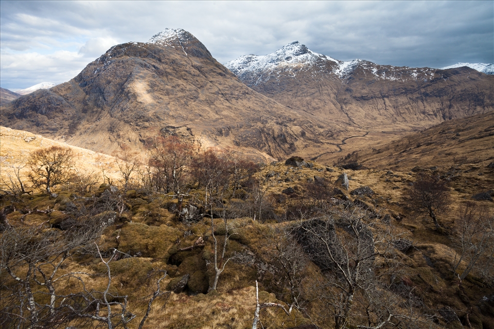 The typical Knoydart view. All the shades of green and brown cover the torn hillsides. The sun dappling the landscape in warmth, giving slight respite from the icy wind. 
It is a truly rugged landscape, untainted.
With access only by foot or boat, we walked for days without seeing a single person. And this was our reward.