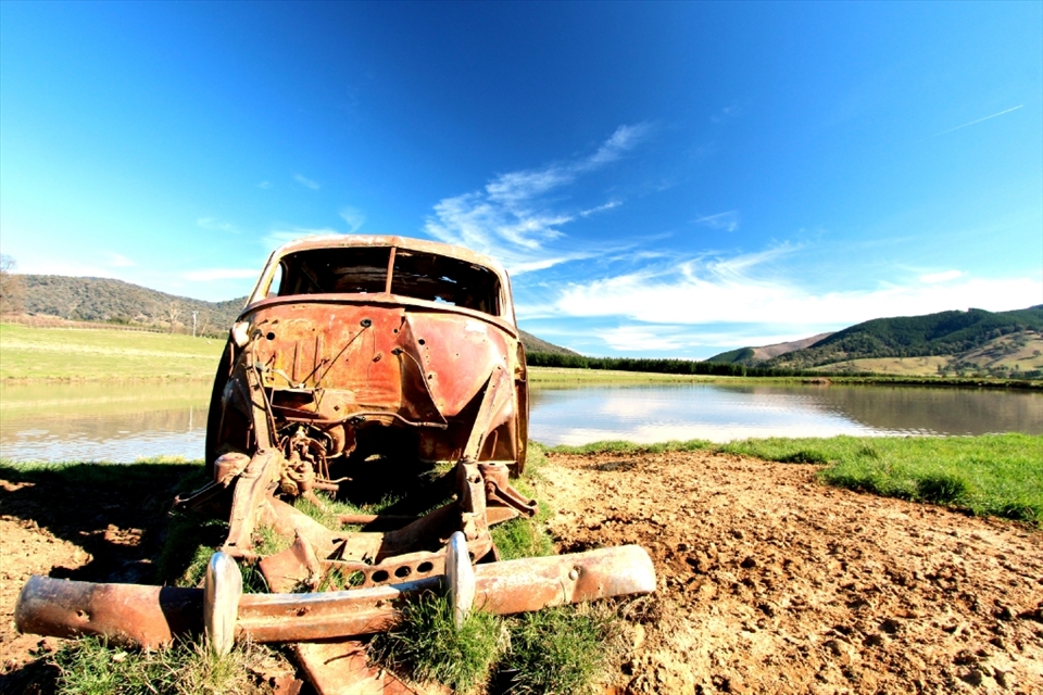 Last Stop - an old car sits beside 'Big Dam'. A favourite fishing spot on the property