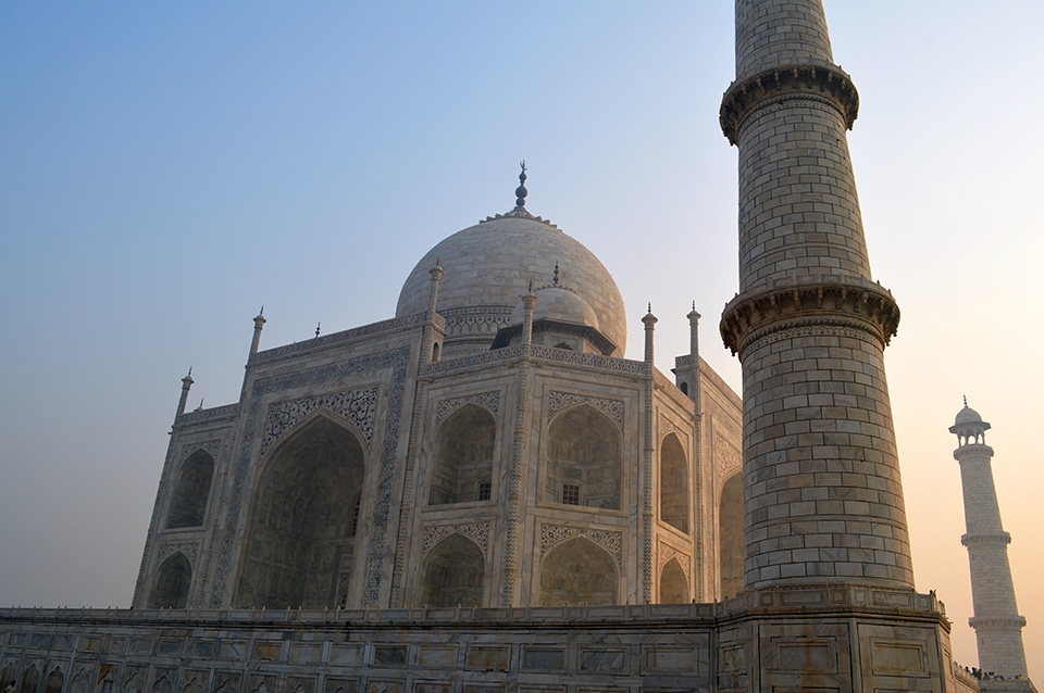 The Taj Mahal at sunrise. The marble colour changes dependant on the light!