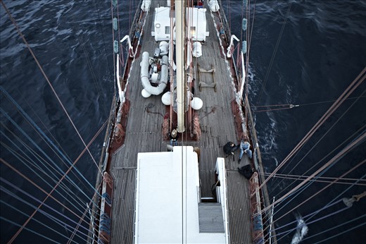 Our sailing vessel as seen from above, with no wind allowing everyone to relax.
