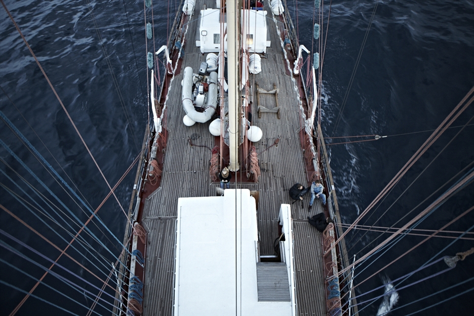 Our sailing vessel as seen from above, with no wind allowing everyone to relax.