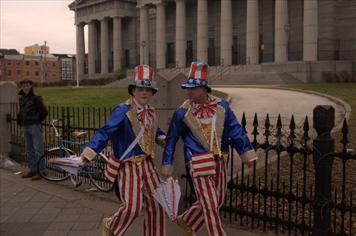 Two costumed men make their way to the Mummers Parade after party on Two Street.  New Years Day, 2013, Philadelphia, PA.