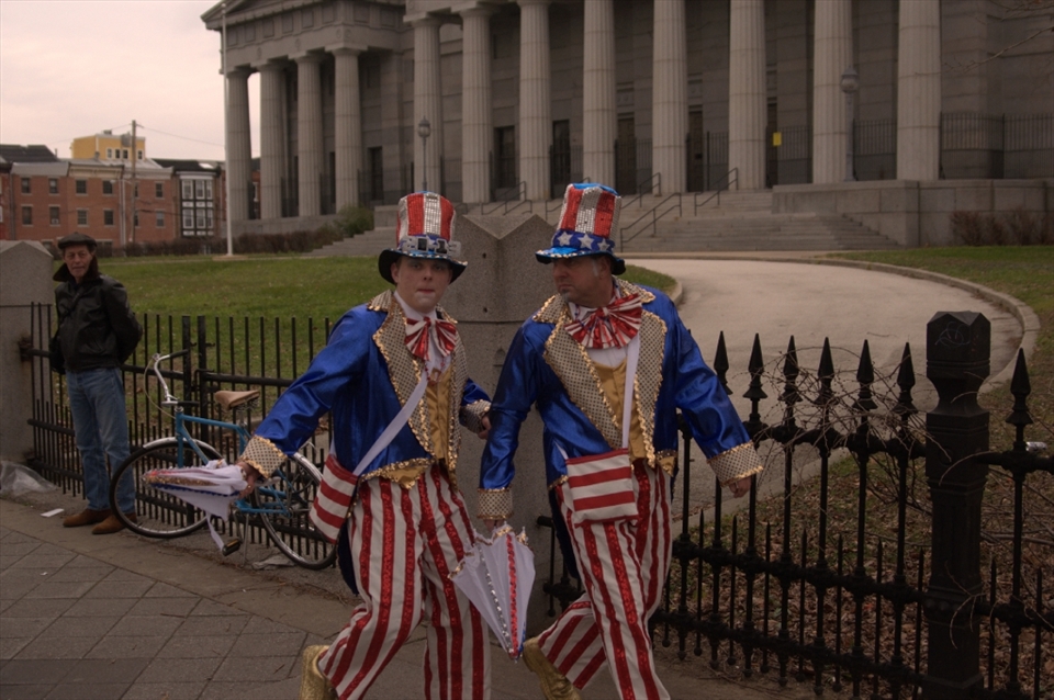 Two costumed men make their way to the Mummers Parade after party on Two Street.  New Years Day, 2013, Philadelphia, PA.