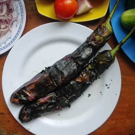 Eggplants with the skin burnt to a crisp