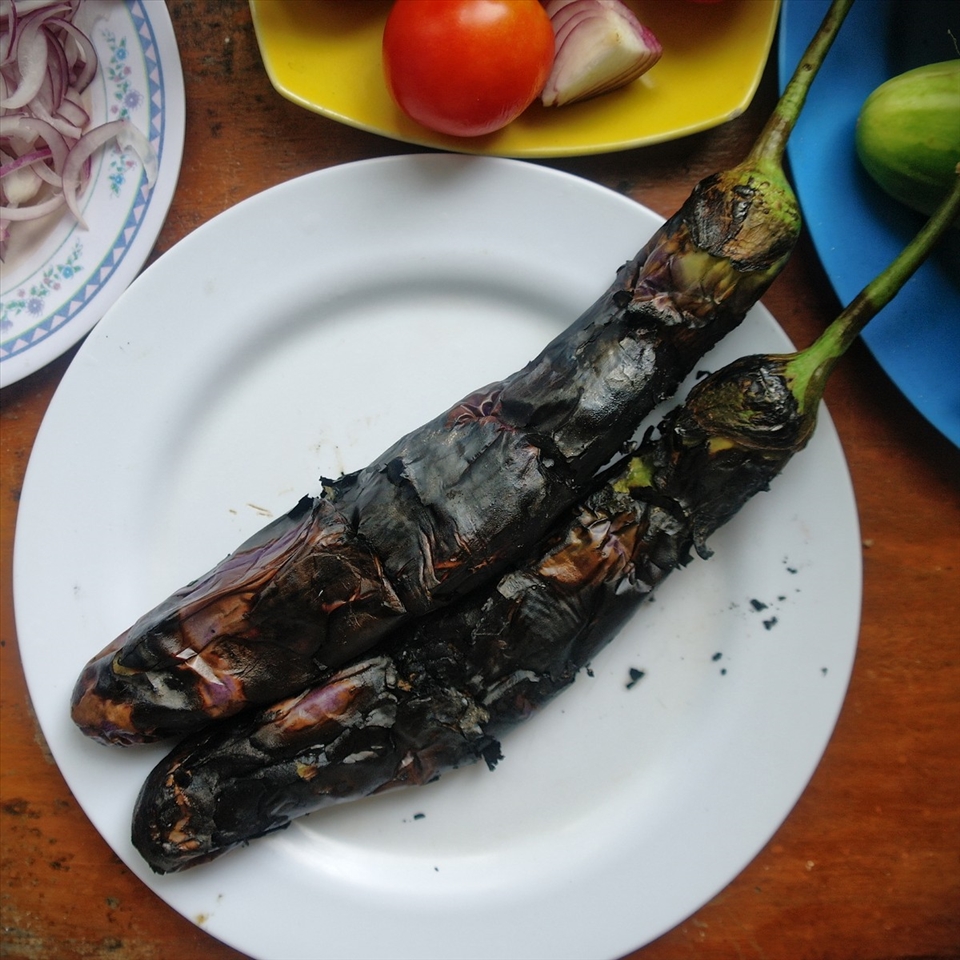 Eggplants with the skin burnt to a crisp