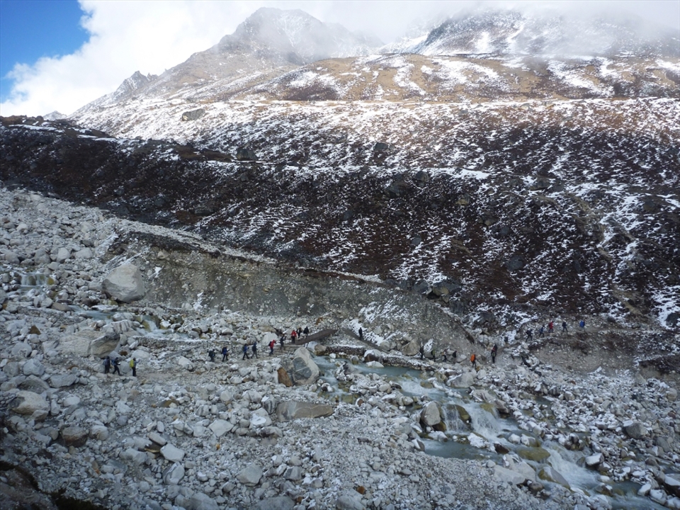 Trekkers descend on the Everest Region of Nepal to complete a multitude of different treks each year.  Here, trekkers can be seen like ants traversing the terrain.