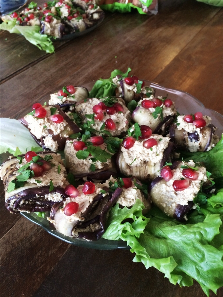 Badrijani Nigvzit, eggplant rolls with walnut paste.