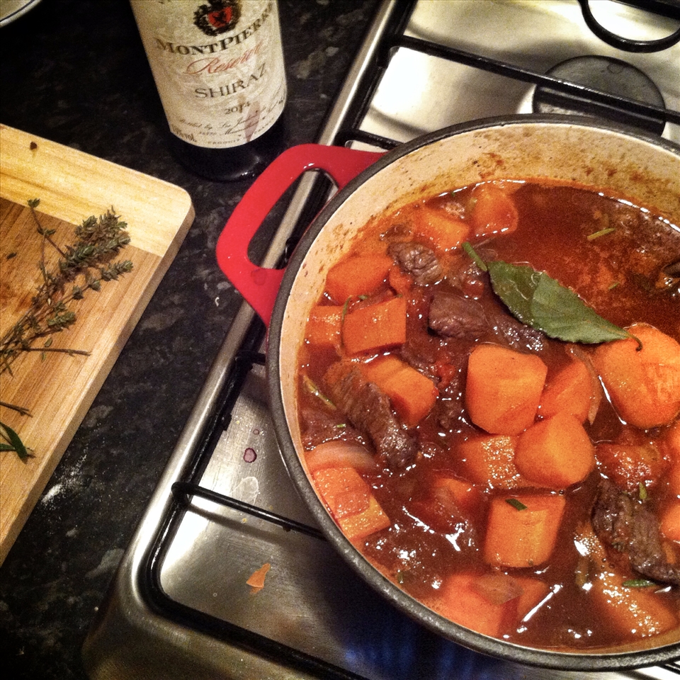 Pre-cooked, after adding wine, carrots, fresh herbs, tomatoes and stock added