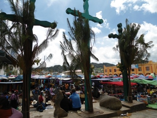 The three crosses symbolize  the trinity. The three crosses sit in the Chamula town center.