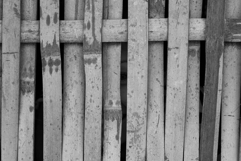 A woman peers out towards the street from inside her living room. Most people in the camp live in small huts with wooden wicker walls and tin roofs.