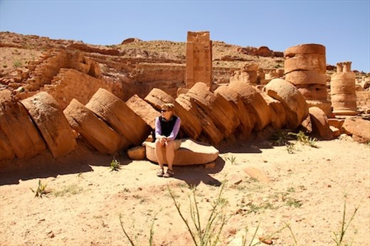 Connie and fallen pillar, Grand Palace, Petra