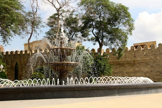 Fountain and old city wall, Baku