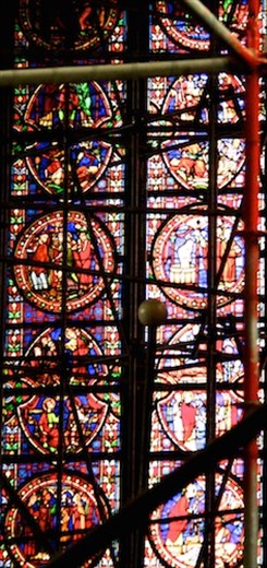 Stained glass through the scaffolding, Notre Dame Cathedral, Tournai