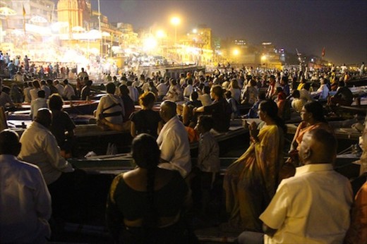 Boats rafted together for the evening performance, Varanasi