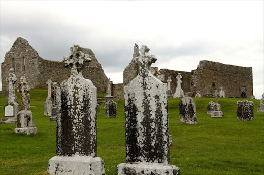 Grave stones and Abbey, Clonmacnoise Monastic Site