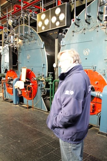 Joop, our guide, and boilers, DF Wouda Steam Pumping Station, Lemmer