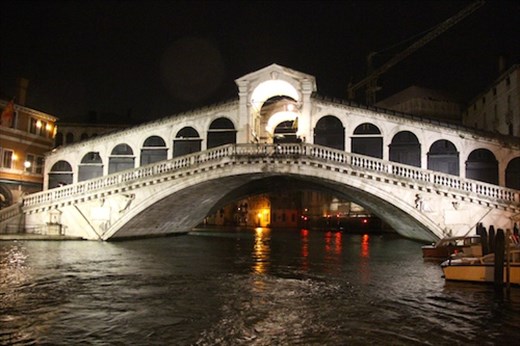Welcome to Venice; Rialto Bridge at night from the Grand Canal
