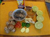 Ingredients for soup including lime juice, lime leaves, fish sauce and ginger.: by vancouverfoodgeek, Views[230]