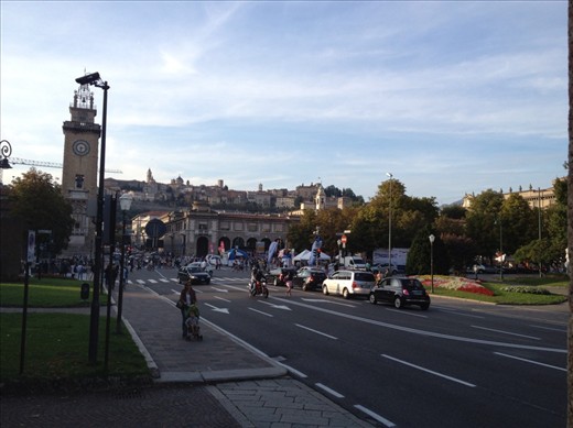 Bergamo: piazza Matteoti with the citta alta in the background