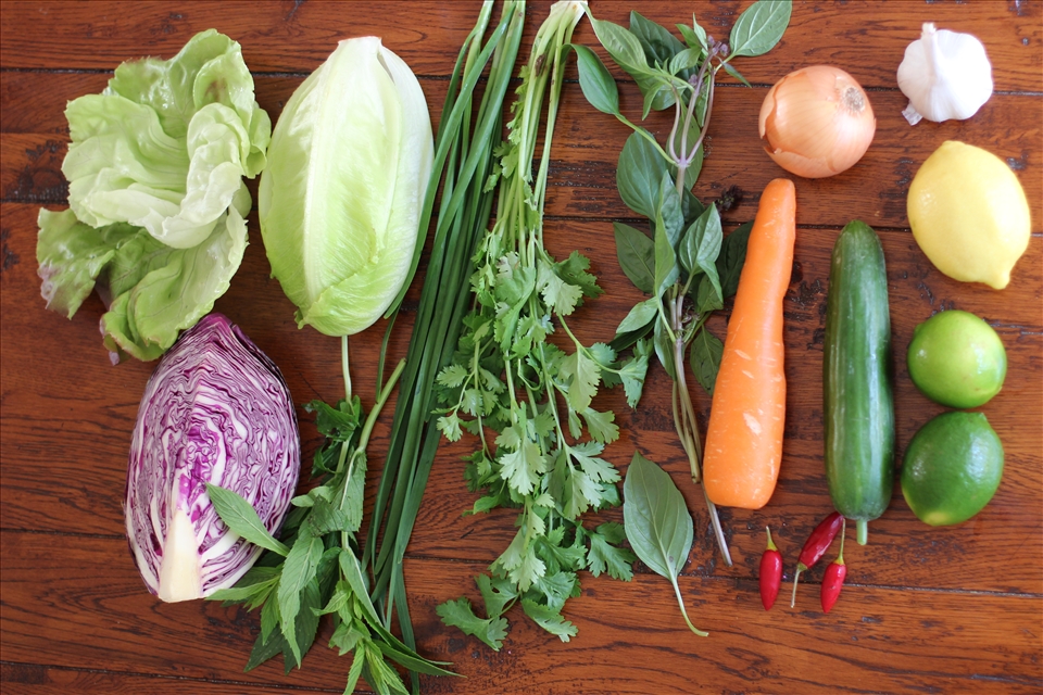 Getting ready! Preparing the fresh herbs and salads