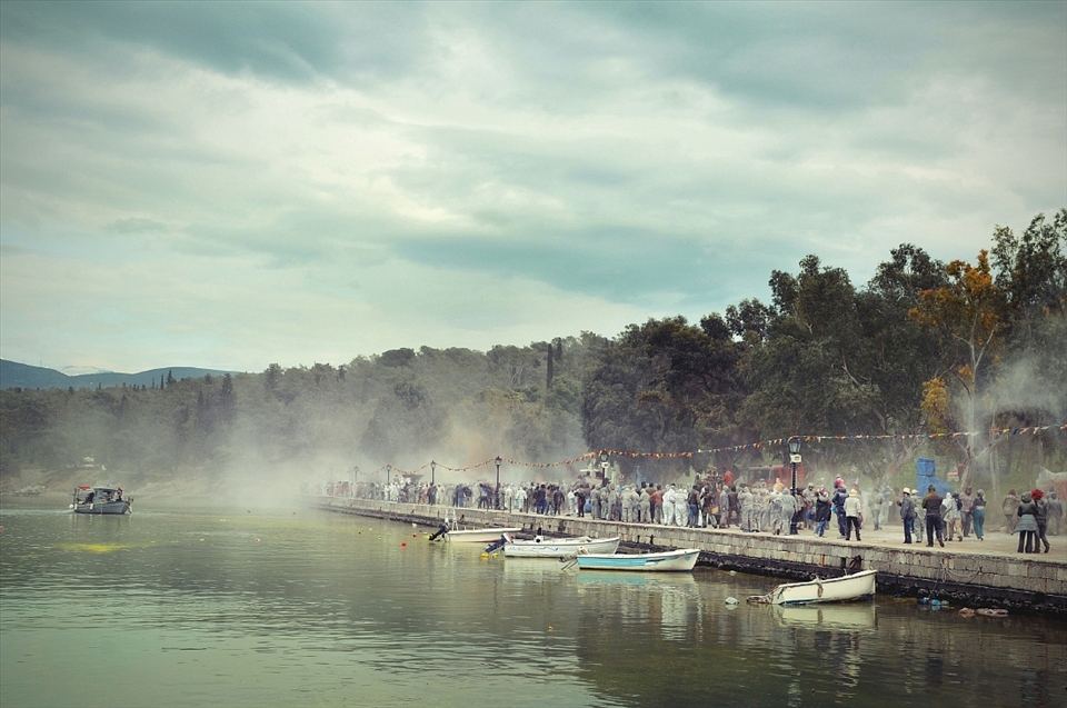 Greeks from around the country and tourists, take part in a day-long flour war