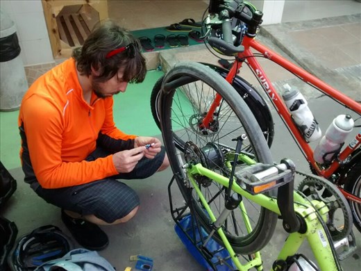 Joe saves the day patching my tire after I rode with a push pin in it all morning