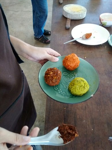 Our handmade curry pastes. Took nearly 20 minutes of grinding to makes these. They smelled amazing