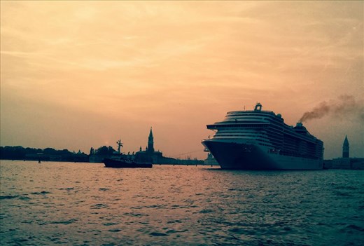 Pollution in Venice by a cruise during the sunset