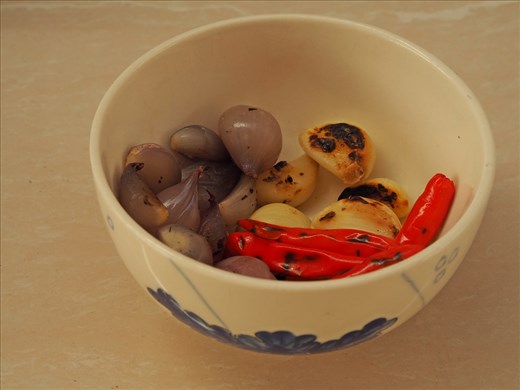 Grilled chilies, garlics and red onions.