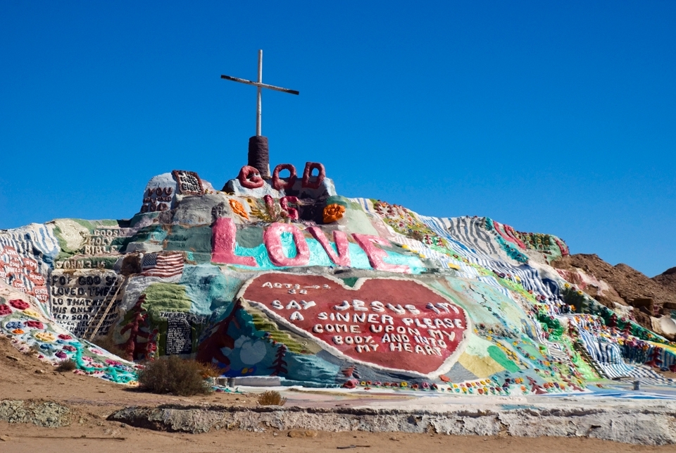Salvation Mountain is one man's massive independent art piece in the desolate Imperial Valley area of California. Built of hay bales, donated wood, adobe, donated paint and a calling from God. I'm not a religious person but one can only appreciate the determination required to single handedly create this man made mountain. Quite a sight to see.