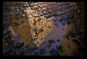 A momentary reflection of a traditional Yemeni towerhouse and it's political posters in a puddle  over the cobblestones. Political posters of President Saleh can be seen, a man whose own world would be turned upside down during the Arab Spring.: by wbloomhuff, Views[476]